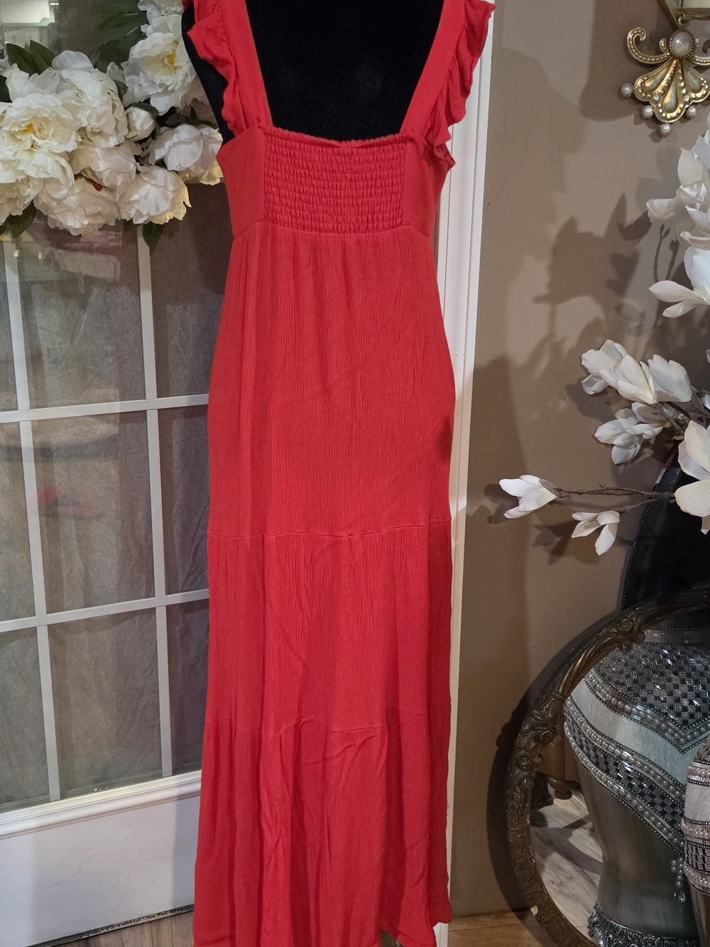 BB Dakota by Steve Madden Vibrant Red/Orange Maxi Dress with Button Front - Picture 4 of 8